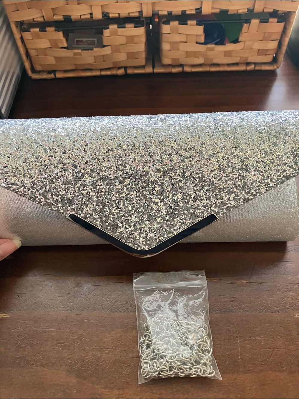 Silver Sparkle Envelope Clutch with Chain Strap